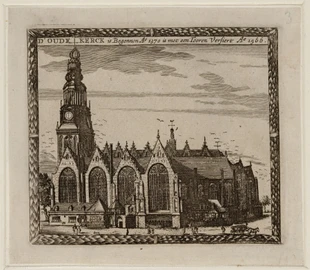 The south side of the Oude Kerk in 1566, etched by Claes Jansz Visscher
