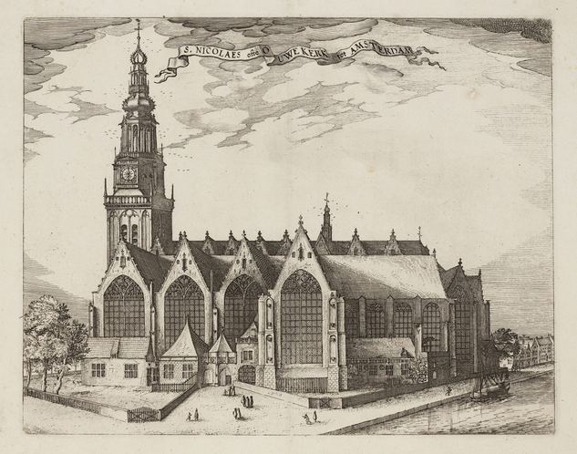 1613-1648 — The south side of the Oude Kerk (Old Church), with the churchyard. On the right, the Oudezijds Voorburgwal.