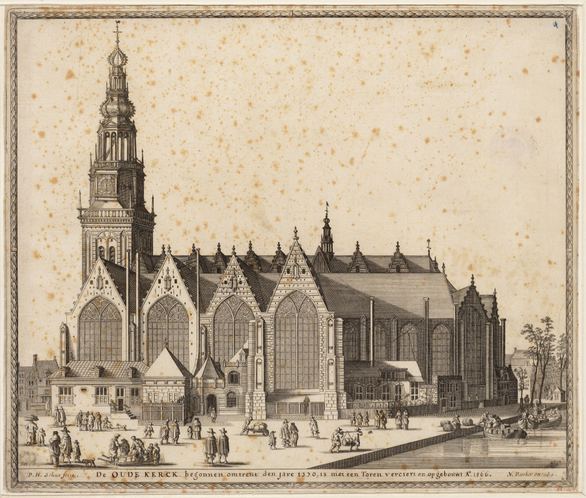 1652-1660 — View of the south side of the Oude Kerk (Old Church), seen from the Oudezijds Voorburgwal. Technique: etching. Print two from a series of eight Amsterdam buildings.