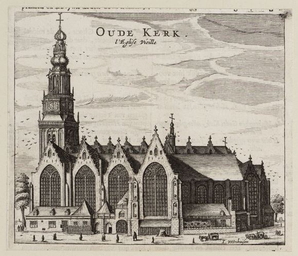1665 — The Oude Kerk (Old Church), seen from the south. Etching. From Van Domselaer and Commelin, Beschryvinge van Amsterdam ('Description of Amsterdam').
