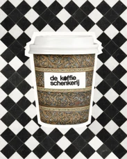 Cup wrapped in the sacristy's scrollwork, on a black-and-white checkerboard floor