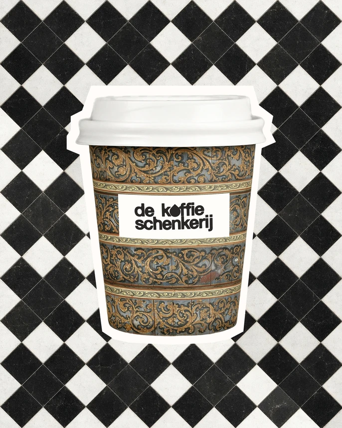 Cup wrapped in the sacristy's scrollwork, on a black-and-white checkerboard floor
