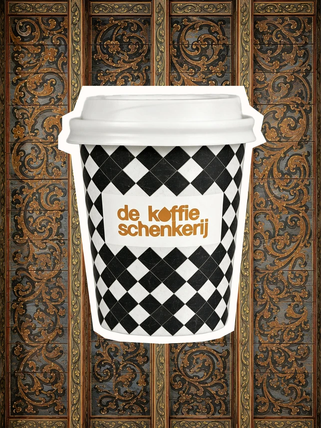Checkerboard cup against the carved and gilded oak of the sacristy