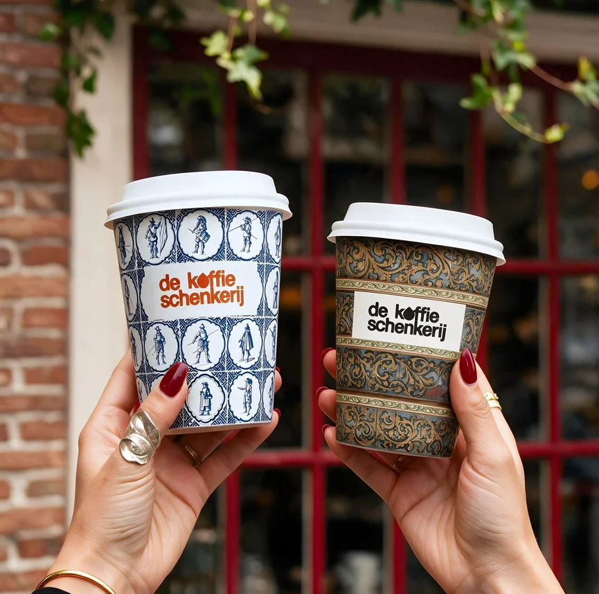 Two cups held up in front of the red-framed shopfront