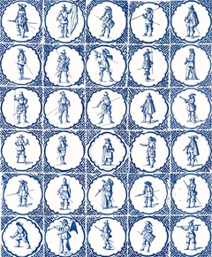 A panel of Delft blue tiles, each with a soldier in a round medallion