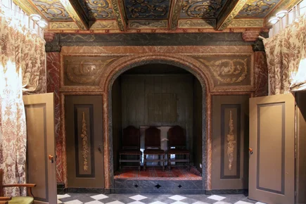 The same chimneypiece in 2013, under the restored painted ceiling