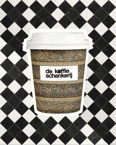 Cup wrapped in the ceiling's scrollwork on a black-and-white checkerboard floor