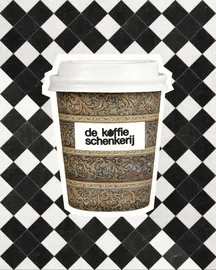Cup wrapped in the ceiling's scrollwork on a black-and-white checkerboard floor
