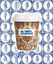 Damask-patterned cup against a wall of Delft blue figure tiles