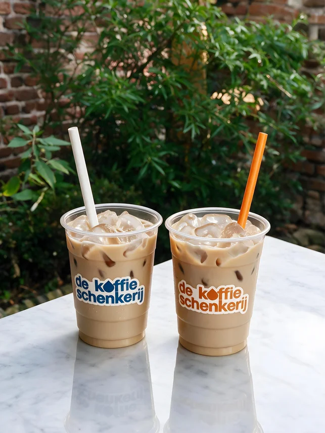 Two iced coffees on a table outside the church