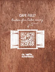 A 'cafe full, order for take away' QR card on a terracotta wall