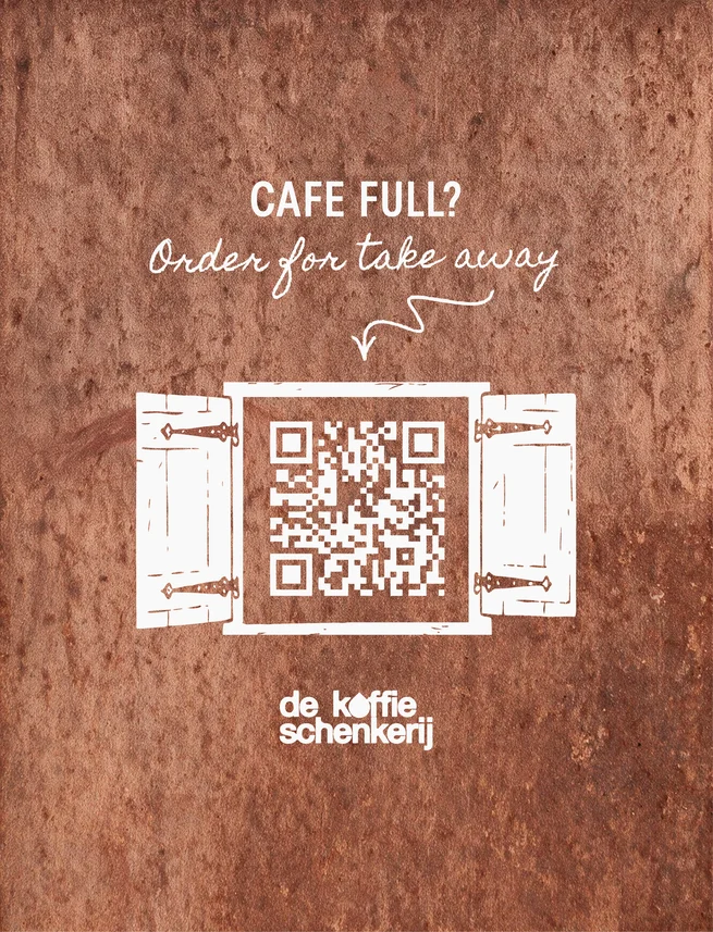 A 'cafe full, order for take away' QR card on a terracotta wall