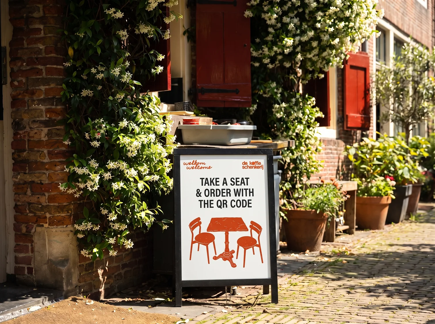 A QR sandwich board in the plant-lined alley beside the Oude Kerk