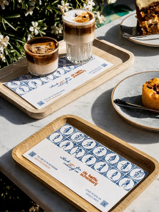 A tray of cards and lattes on a cafe table