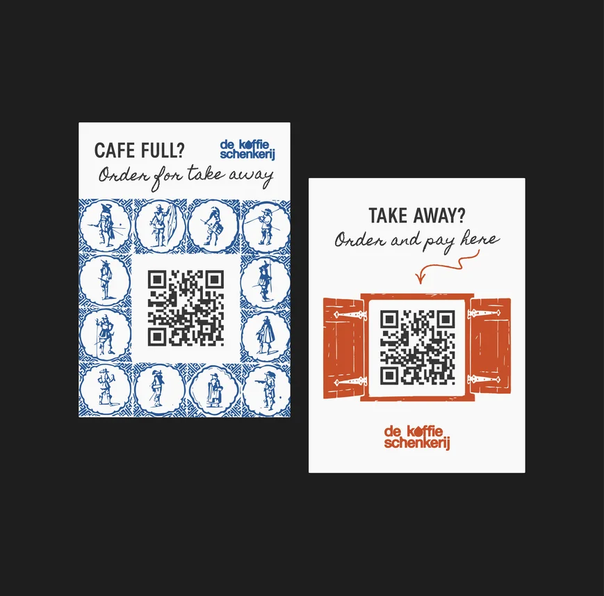 The 'cafe full' and 'take away' QR cards side by side