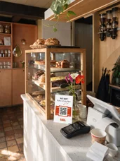 The counter and cake display inside the sacristy