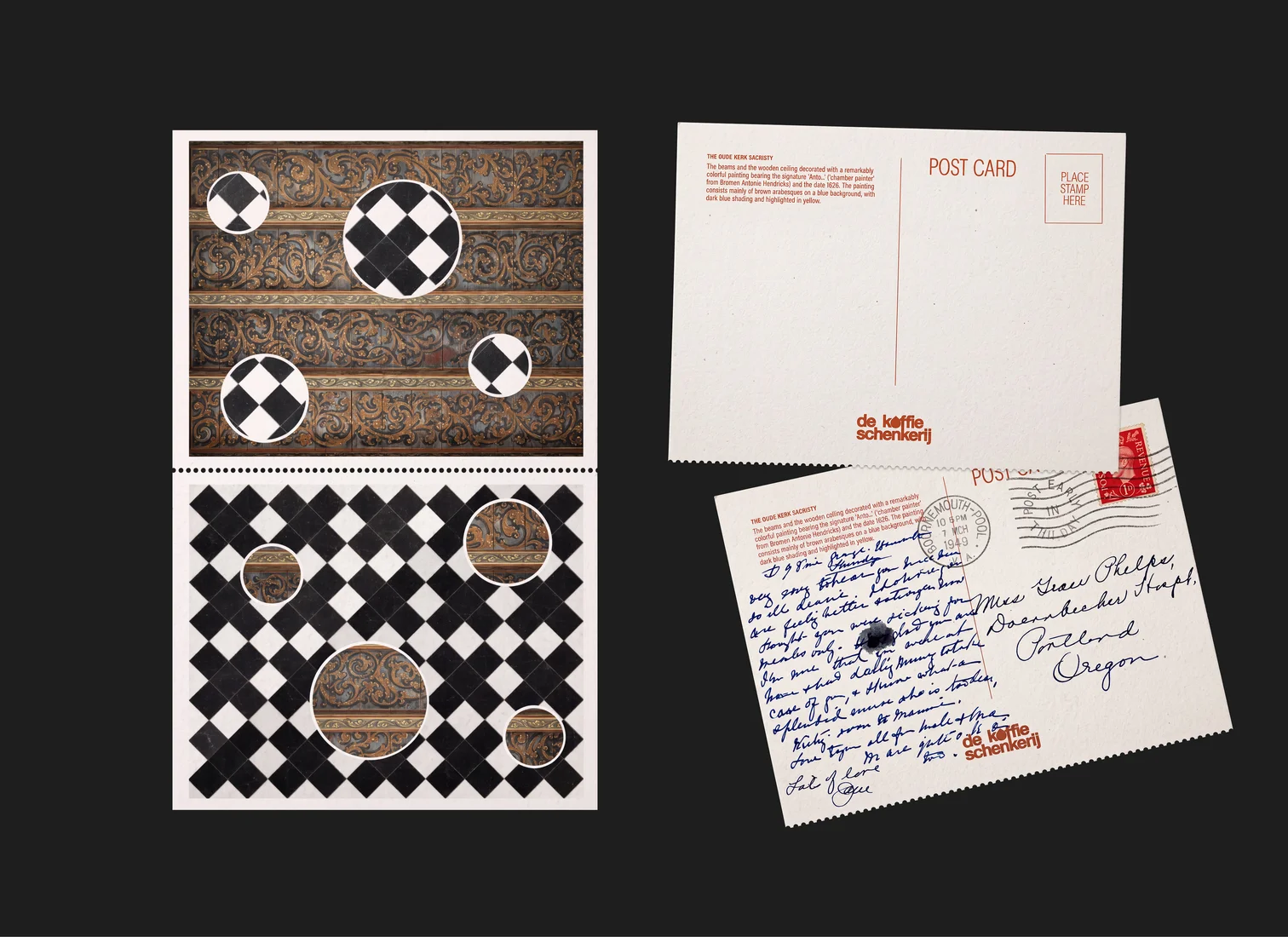 Postcards of the interior patterns, one written and stamped